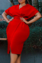 Rode elegante effen patchwork split rits V-hals kokerrok plus size jurken
