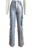 Zilveren straat effen patchwork zakknopen rits lage taille rechte denim jeans