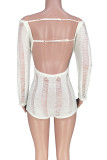 Apricot White Sexy Solid Ripped Bandage Patchwork Backless O Neck Skinny Rompers