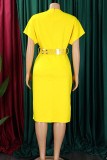 Amarelo elegante sólido patchwork fenda zíper decote em V saia lápis vestidos plus size