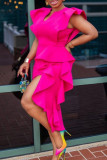 ローズレッド エレガント ソリッド パッチワーク フラウンス スリット ジッパー 非対称襟 イブニング プラス サイズ ドレス