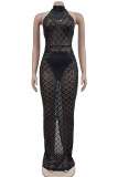Black Elegant Sequins Patchwork See-through Backless Slit Zipper O Neck Long Dresses