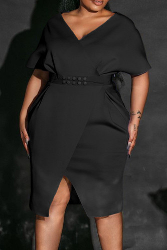 ブラック エレガント ソリッド パッチワーク スリット ジッパー V ネック ペンシル スカート プラス サイズ ドレス