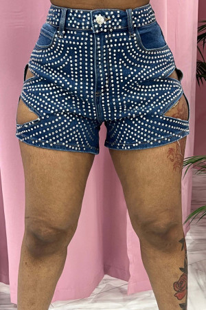 Navy Blue Street Hollowed Out Patchwork Pocket Buttons Hot Drill Zipper Mid Waist Regular Skinny Denim Shorts