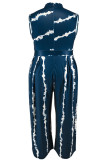 Marineblauwe zoete print patchwork rits O-hals grote maten jumpsuits