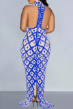 Blå eleganta paljetter Patchwork Genomskinlig rygglös slitsdragkedja O-hals långa klänningar