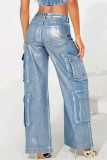 Zilveren straat effen patchwork zakknopen rits lage taille rechte denim jeans