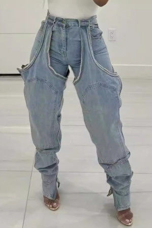Sky Blue Street Solid Patchwork Pocket Buttons Slit Zipper High Waist Regular Denim Spliced Jeans
