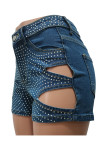 Marineblaue Street-Jeansshorts mit ausgehöhlten Patchwork-Taschen und Knöpfen, Hot Drill-Reißverschluss, mittlerer Taille und normaler Taille