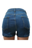 Pantaloncini di jeans regolari a vita media con bottoni tascabili patchwork scavati blu navy con cerniera a caldo