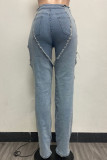 Sky Blue Street Solid Patchwork Pocket Buttons Slit Zipper High Waist Regular Denim Spliced Jeans