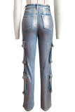 Jeans in denim dritto a vita bassa con bottoni con tasca patchwork tinta unita color argento