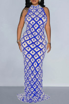Blue Elegant Sequins Patchwork See-through Backless Slit Zipper O Neck Long Dresses