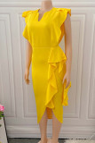 Gelbe, elegante, solide Patchwork-Volant-Schlitz-Reißverschluss-Abendkleider in Übergröße mit asymmetrischem Kragen