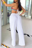 White Casual Solid Bandage Patchwork Pocket Loose High Waist Wide Leg Solid Color Bottoms