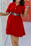 Rote, elegante, solide Patchwork-Schnalle mit Gürtel, Umlegekragen, A-Linien-Kleider