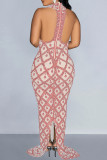 Roze elegante pailletten patchwork doorzichtige rugloze split rits O hals lange jurken