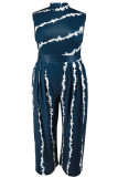 Marineblauwe zoete print patchwork rits O-hals grote maten jumpsuits