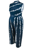 Marineblauer Overall mit süßem Print, Patchwork-Reißverschluss, O-Ausschnitt, Übergröße