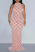 ピンクのエレガントなスパンコール パッチワーク シースルー バックレス スリット ジッパー O ネック ロング ドレス