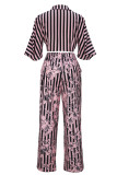 Pink Elegant Floral Print Bandage Patchwork Cardigan Collar Half Sleeve Two Pieces Front Tie Crop Blouse Tops And Wide Leg Pants Sets