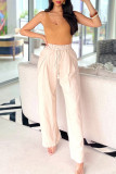 Pink Casual Solid Bandage Patchwork Pocket Loose High Waist Wide Leg Solid Color Bottoms