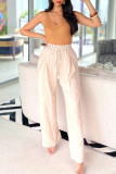 White Casual Solid Bandage Patchwork Pocket Loose High Waist Wide Leg Solid Color Bottoms