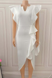 Weiße, elegante, solide Patchwork-Volant-Schlitz-Reißverschluss-Abendkleider in Übergröße mit asymmetrischem Kragen