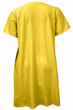 Yellow Sweet Plaid Patchwork Pocket Asymmetrical Collar Straight Plus Size Dresses