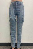 Hemelsblauw straat effen patchwork zakknopen split rits hoge taille normale denim jeans