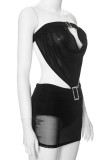 Black Street Solid Hollowed Out Patchwork See-through Fold Strapless Irregular Dresses