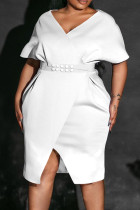 ホワイトエレガントなソリッドパッチワークスリットジッパーVネックペンシルスカートプラスサイズドレス
