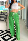 Pantalones de color sólido con pierna ancha y cintura alta holgados con bolsillo de retales de vendaje liso informal verde verde