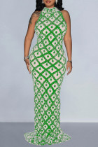 Groene elegante pailletten patchwork doorzichtige rugloze split rits O hals lange jurken