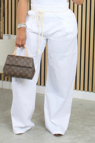 Branco casual sólido bandagem retalhos bolso solto cintura alta perna larga cor sólida bottoms
