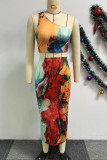 Multicolor Elegant Print Patchwork Backless Oblique Collar Sleeveless Two Pieces