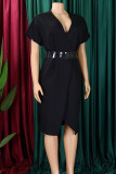Zwarte elegante effen patchwork split rits V-hals kokerrok plus size jurken