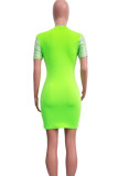 Green Street Eyes Printed Sequins Patchwork O Neck Wrapped Skirt Dresses