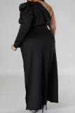 Black Elegant Solid Patchwork Fold Oblique Collar Plus Size Tops