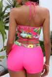 Pinke Sportswear-Badebekleidung mit ausgehöhlten Patchwork-Kreuzträgern und Blumenmuster (mit Polsterung)