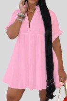 ピンク スイート ソリッド パッチワーク バックル ターンダウン カラー A ライン プラス サイズ ドレス