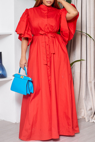 Мандариновое красное элегантное однотонное длинное платье в стиле пэчворк с пряжкой и круглым вырезом
