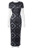 Zwarte vintage elegante print patchwork O-hals bedrukte jurken