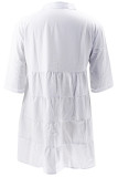 Branco Doce Sólido Patchwork Fivela Turndown Collar A Line Plus Size Vestidos