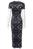 Zwarte vintage elegante print patchwork O-hals bedrukte jurken
