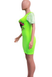 グリーンストリートアイズプリントスパンコールパッチワークOネックラップスカートドレス