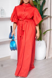 Rojo mandarina elegante sólido vendaje patchwork hebilla O cuello vestidos largos