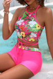 Pink Sportswear Floral Hollowed Out Patchwork Cross Straps Swimwears(With Paddings)