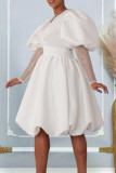 White Elegant Solid Patchwork V Neck A Line Dresses