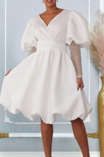 Witte elegante effen patchwork V-hals A-lijn jurken